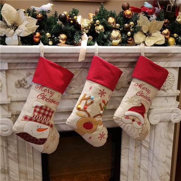 Vintage Christmas Stockings Set of 3 Santa, Snowman, Reindeer, Xmas Character - Picture 2 of 4
